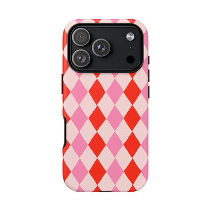 Tough Cases with Red Pink Diamonds, Retro Checkerboard iPhone Case And Samsung Case, Slim Fit Phone Case, Stylish Gift
