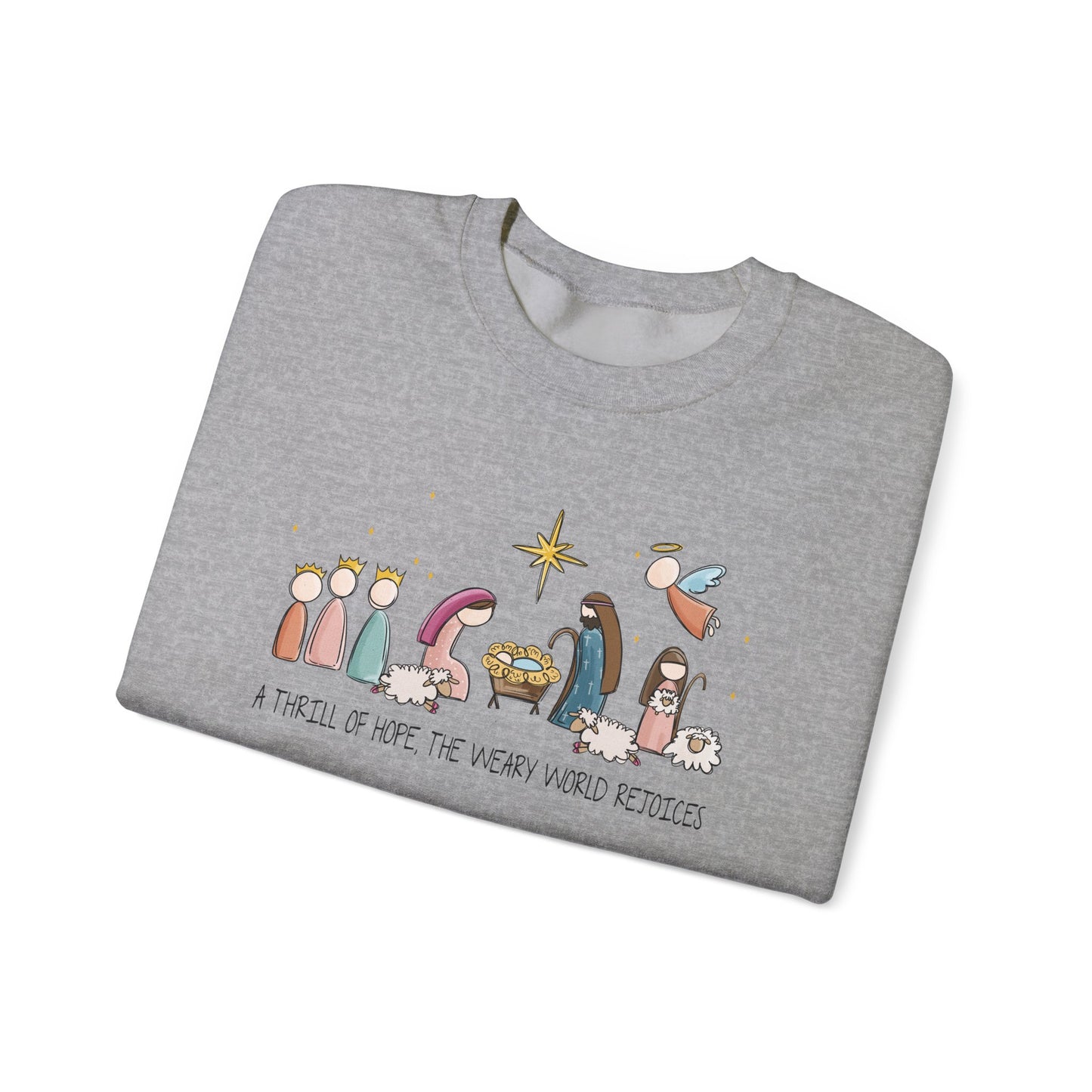 A Thrill Of Hope, the Weary World Rejoices Nativity Scene Illustration Crewneck Sweatshirt | Minimal Christmas