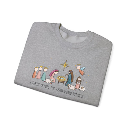 A Thrill Of Hope, the Weary World Rejoices Nativity Scene Illustration Crewneck Sweatshirt | Minimal Christmas