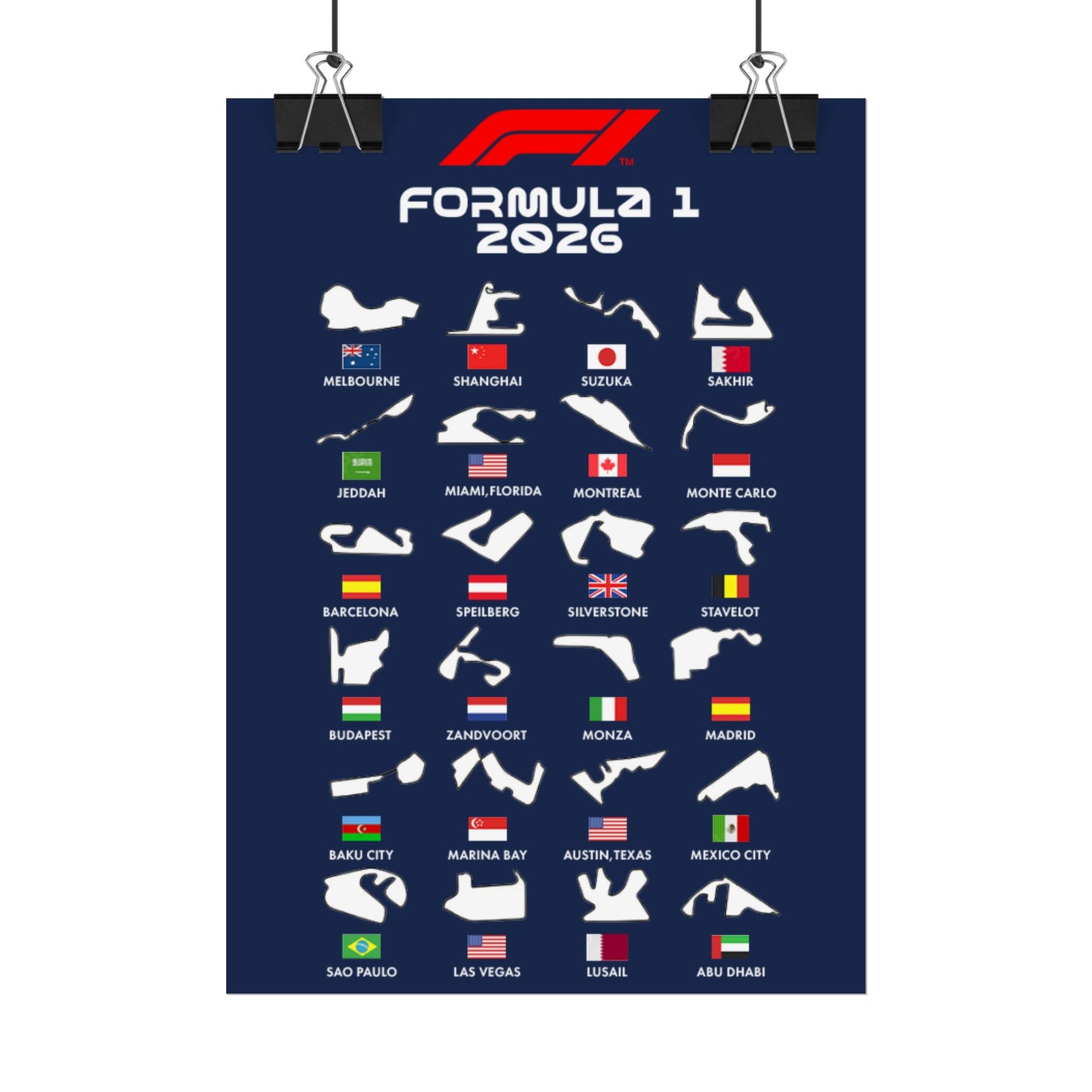 Formula 1 2026 Track Silhouettes Poster, F1 Circuits Map Wall Art, Grand Prix Calendar Print, Motorsport Racing Decor, Rolled Poster