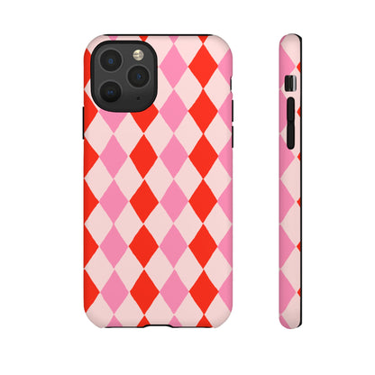 Tough Cases with Red Pink Diamonds, Retro Checkerboard iPhone Case And Samsung Case, Slim Fit Phone Case, Stylish Gift
