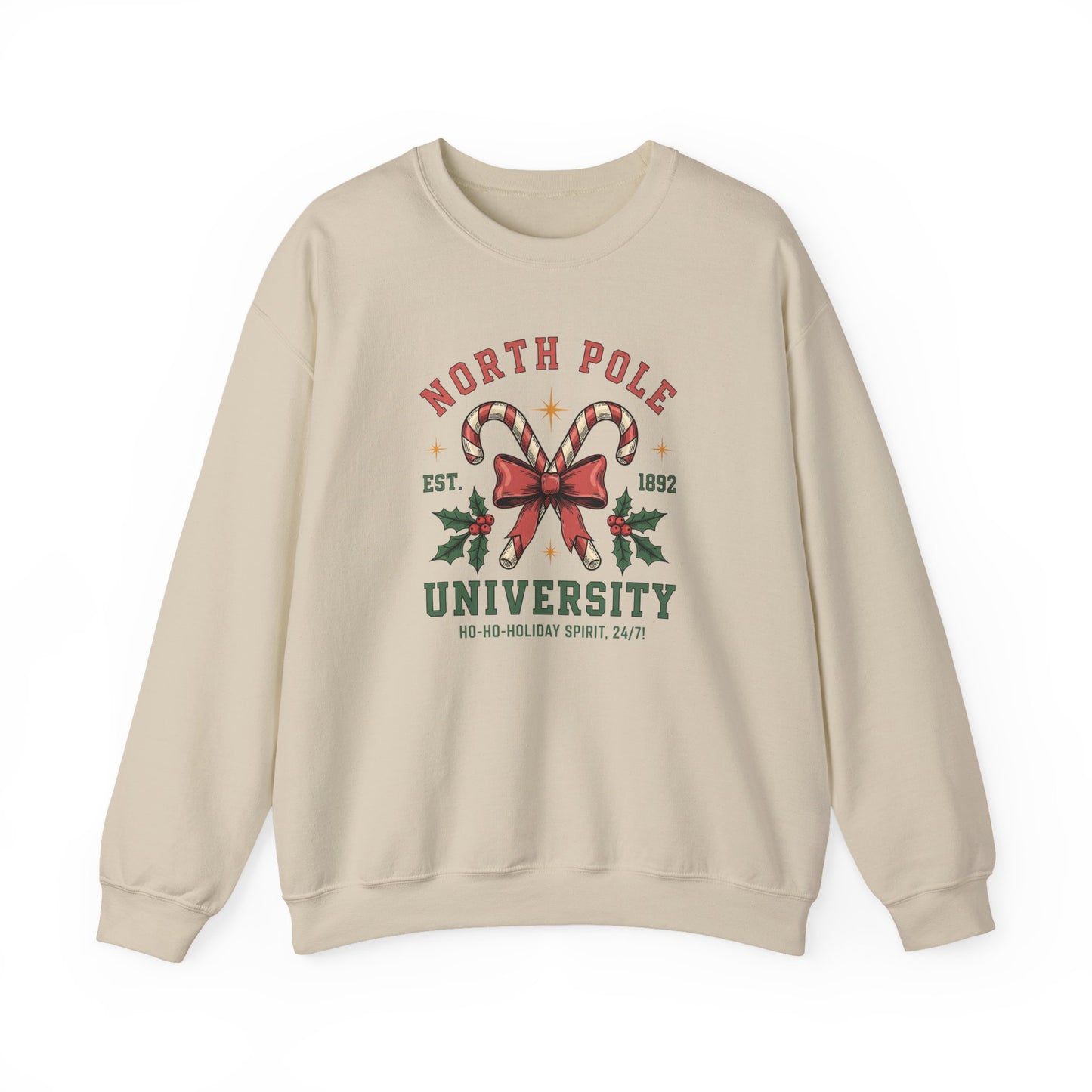 North Pole University Christmas Sweatshirt Candy Cane College Crewneck, Cute Christmas Sweater for Women, Cozy Winter Sweatshirt