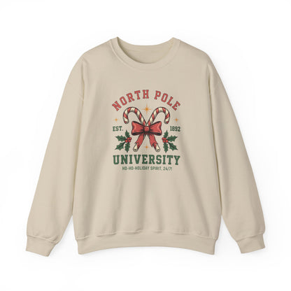 North Pole University Christmas Sweatshirt Candy Cane College Crewneck, Cute Christmas Sweater for Women, Cozy Winter Sweatshirt