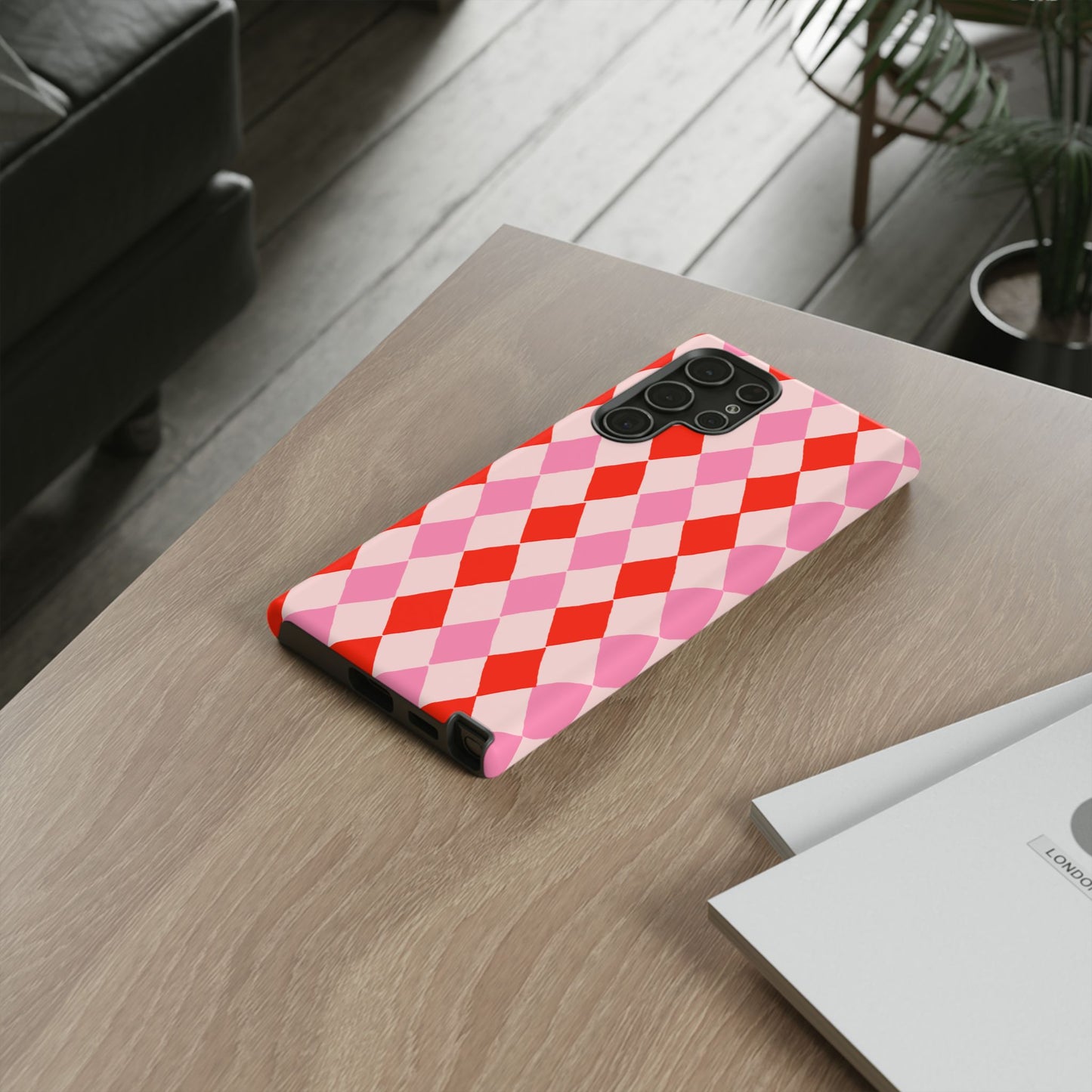 Tough Cases with Red Pink Diamonds, Retro Checkerboard iPhone Case And Samsung Case, Slim Fit Phone Case, Stylish Gift