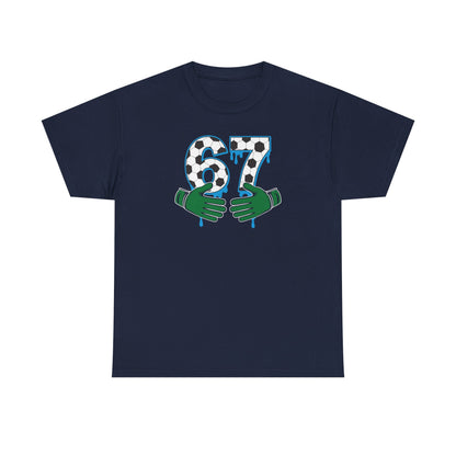 Dripping 97 Number Graphic Tee, Streetwear Checkerboard T-Shirt with Green Hands, Artsy Unisex Cotton Shirt