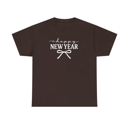 Happy New Year Bow T-Shirt, Minimalist New Year Typography Tee, Holiday Graphic Shirt, New Year's Eve Outfit, Casual Festive Top