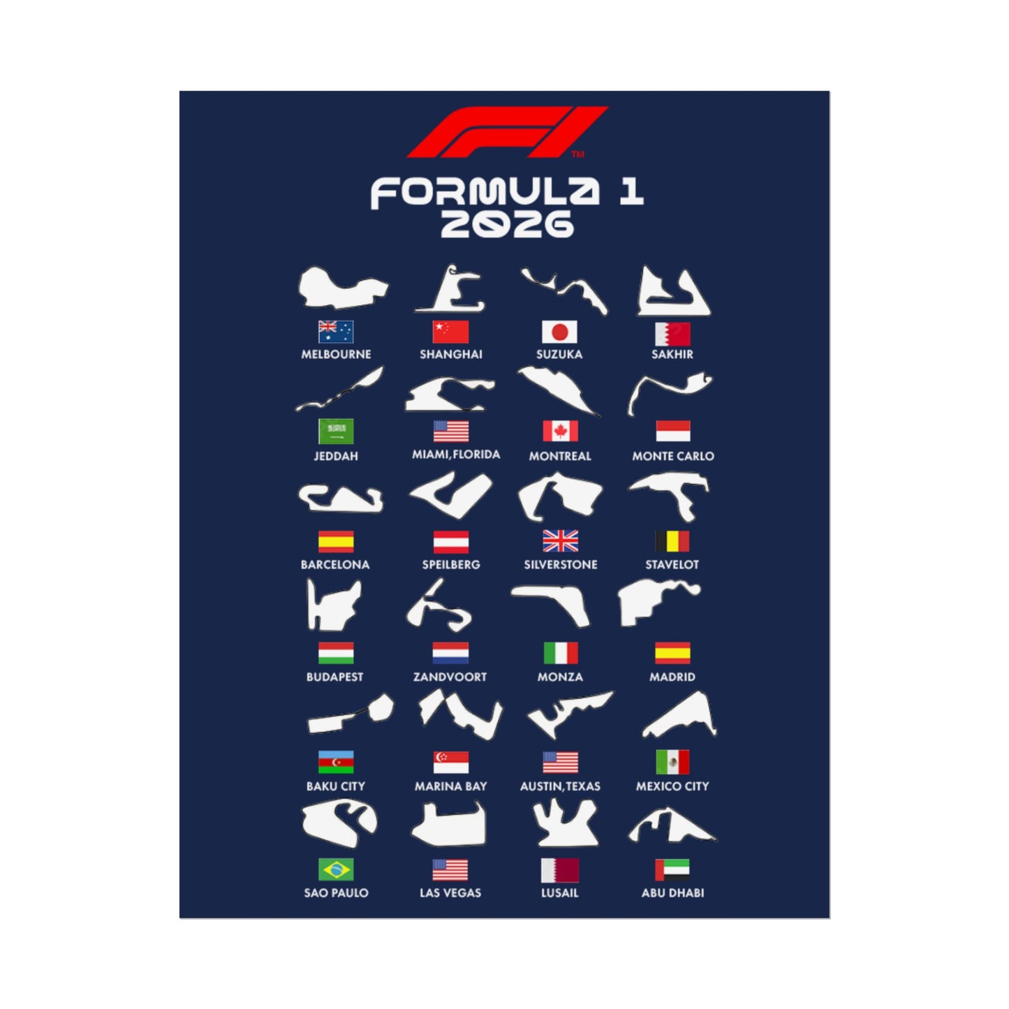 Formula 1 2026 Track Silhouettes Poster, F1 Circuits Map Wall Art, Grand Prix Calendar Print, Motorsport Racing Decor, Rolled Poster