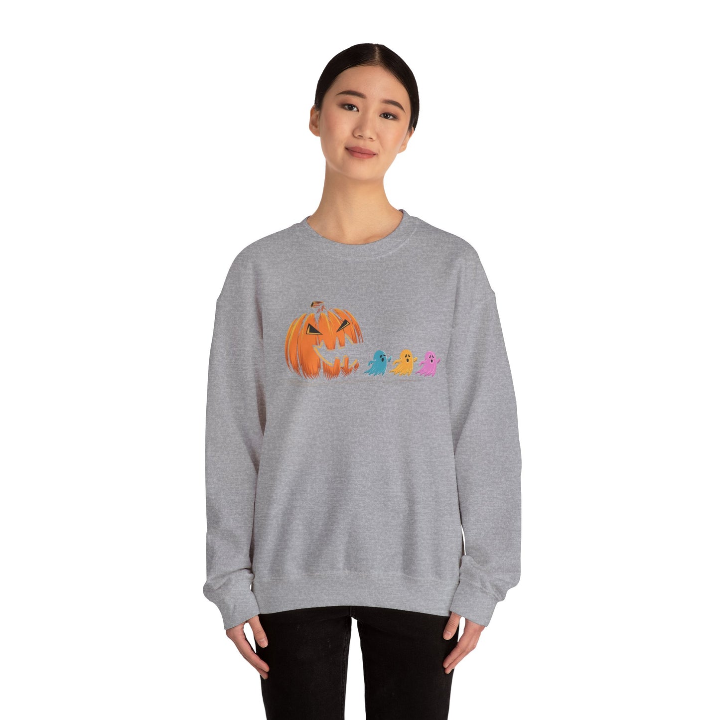 Halloween Ghost & Pumpkin Crewneck Sweatshirt, Unisex Fall Apparel, Cozy Sweatshirt, Halloween Gift, Seasonal Fashion