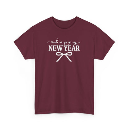 Happy New Year Bow T-Shirt, Minimalist New Year Typography Tee, Holiday Graphic Shirt, New Year's Eve Outfit, Casual Festive Top
