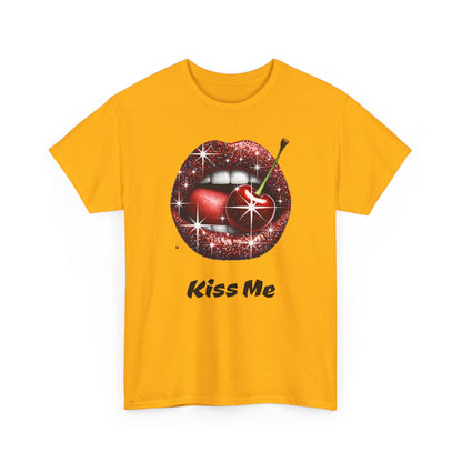 Glitter Lips Cherry Kiss Me Tee, Retro Pinup Graphic Shirt, Flirty Pop Art T-Shirt, Vintage Style Cotton Tee