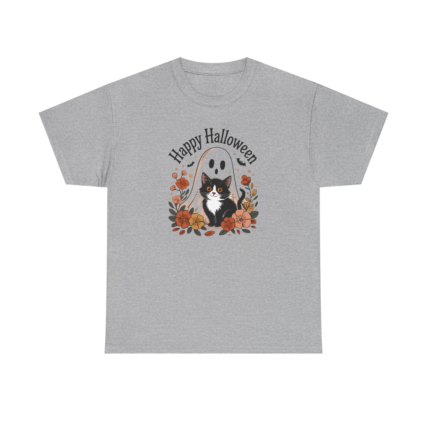 Halloween Cat & Ghost Tee, Heavy Cotton Shirt, Spooky Season Apparel, Autumn Gift, Fall Festival Outfit, Haunted House Wear