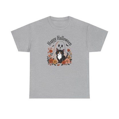 Halloween Cat & Ghost Tee, Heavy Cotton Shirt, Spooky Season Apparel, Autumn Gift, Fall Festival Outfit, Haunted House Wear