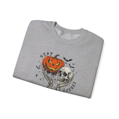 Stay Creepy Crewneck Sweatshirt, Halloween Sweater, Cozy Fall Apparel, Spooky Gift, Pumpkin Skull Design, Halloween Celebration