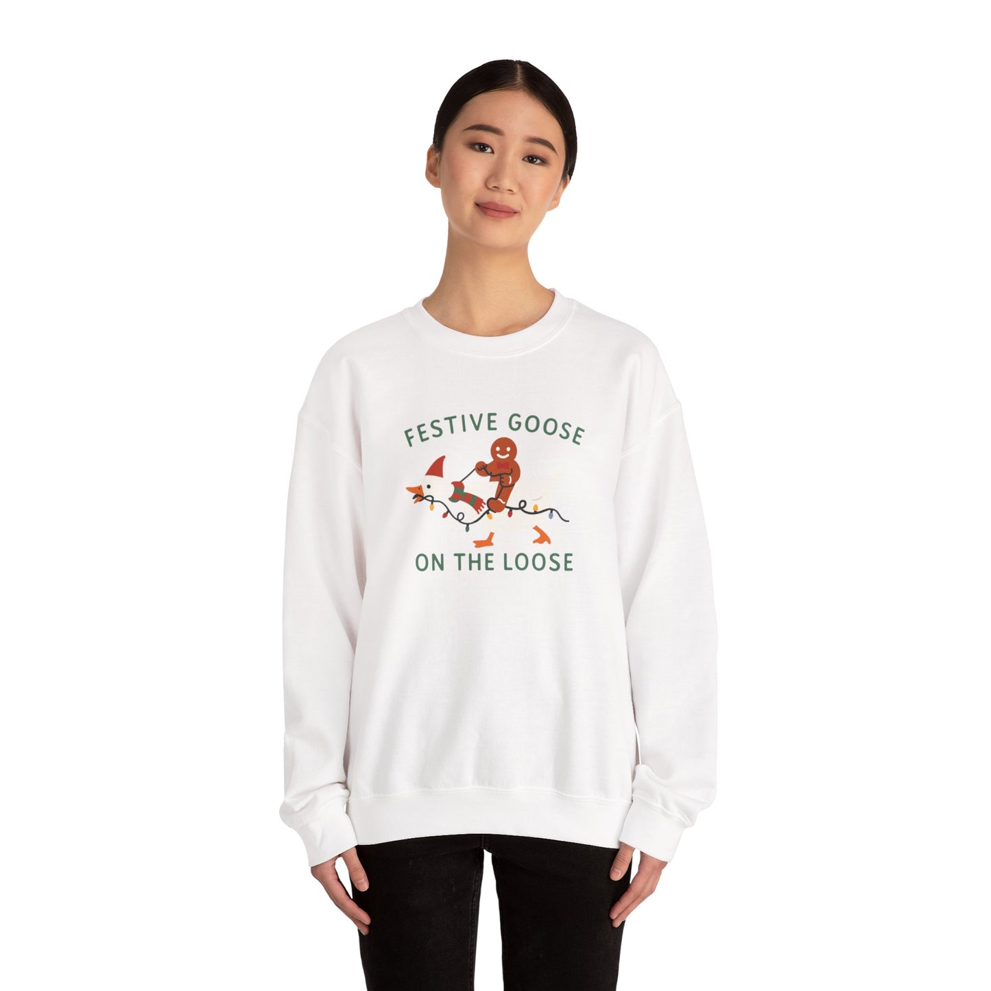 Festive Goose on the Loose Sweatshirt, Funny Christmas Gingerbread Crewneck, Holiday Lights Shirt, Cozy Winter Gift for Her and Him
