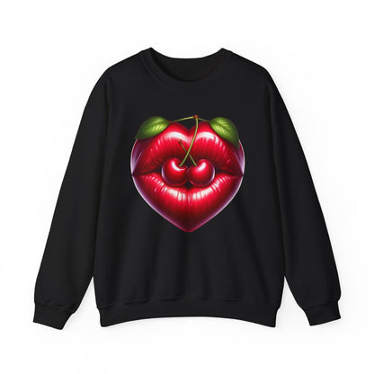 Heart Cherry Lips Sweatshirt, Cherry Face Graphic Crewneck, Cute Aesthetic Sweatshirt, Retro Pop Art Pullover, Unisex Cozy Top