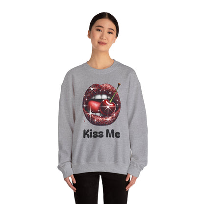Cherry Kiss Me Sweatshirt, Glitter Lips Cherry Graphic Crewneck, Retro Pop Art Sweatshirt, Cute Flirty Pullover, Unisex Cozy Top