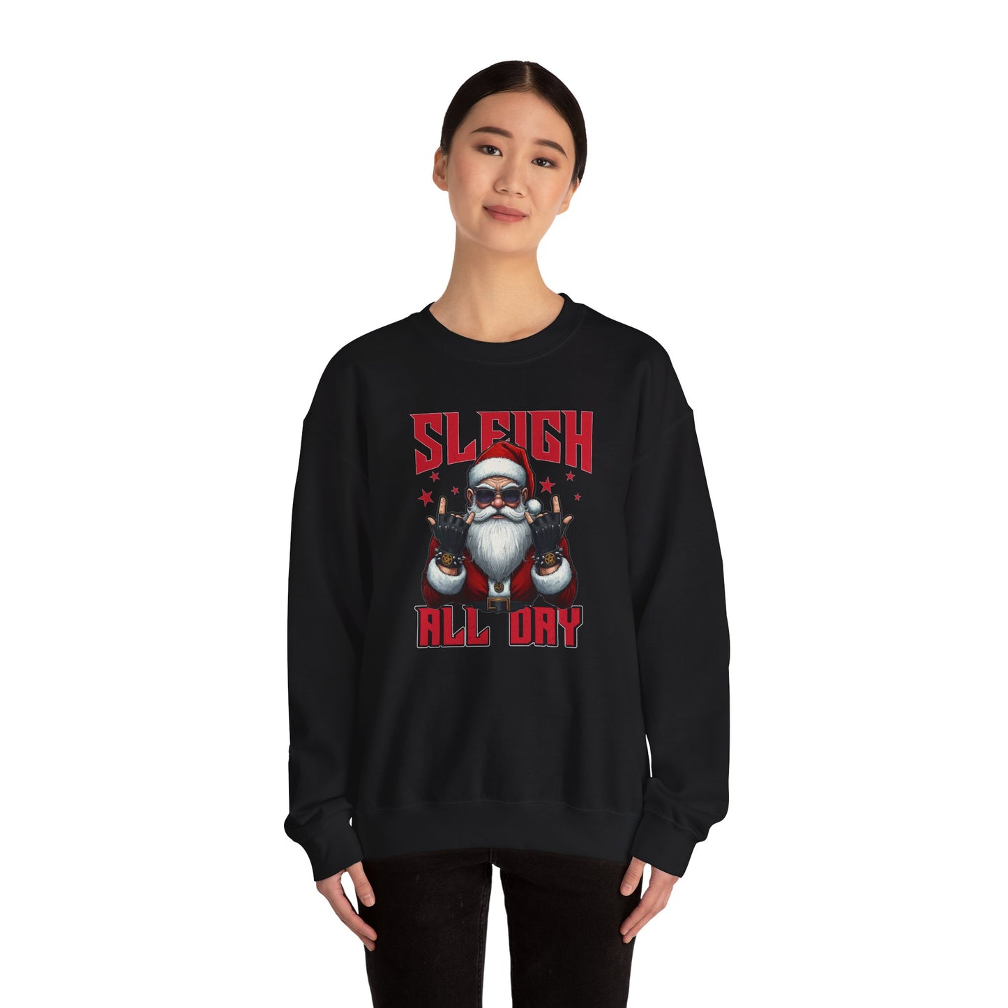 Funny Santa Sleigh All Day Sweatshirt | Rocker Santa Christmas Sweater | Funny Holiday Sweatshirt | Cozy Unisex Christmas Gift