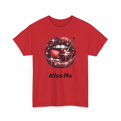 Glitter Lips Cherry Kiss Me Tee, Retro Pinup Graphic Shirt, Flirty Pop Art T-Shirt, Vintage Style Cotton Tee
