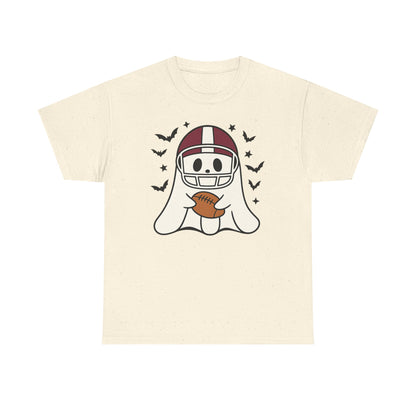 Halloween Ghost Football Tee, Unisex Heavy Cotton T-Shirt, Fun Halloween Apparel, Spooky Game Day Shirt, October Celebration Wear