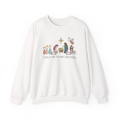 A Thrill Of Hope, the Weary World Rejoices Nativity Scene Illustration Crewneck Sweatshirt | Minimal Christmas