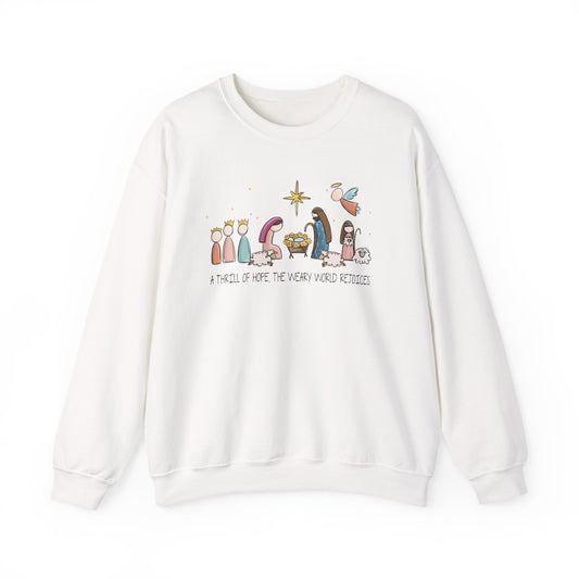 A Thrill Of Hope, the Weary World Rejoices Nativity Scene Illustration Crewneck Sweatshirt | Minimal Christmas