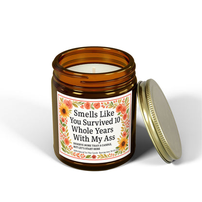 Scented Candles, Funny Gift For Partner, Smells Like You Survived 10 Whole Years, Coconut Apricot Wax Candle, Anniversary Gift, Birthday