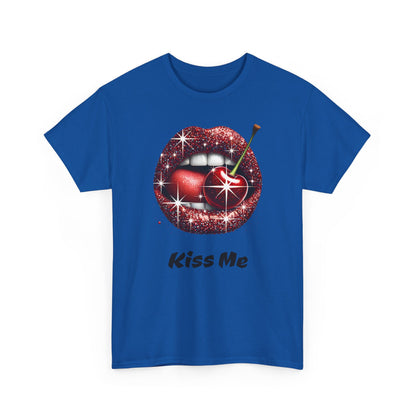 Glitter Lips Cherry Kiss Me Tee, Retro Pinup Graphic Shirt, Flirty Pop Art T-Shirt, Vintage Style Cotton Tee