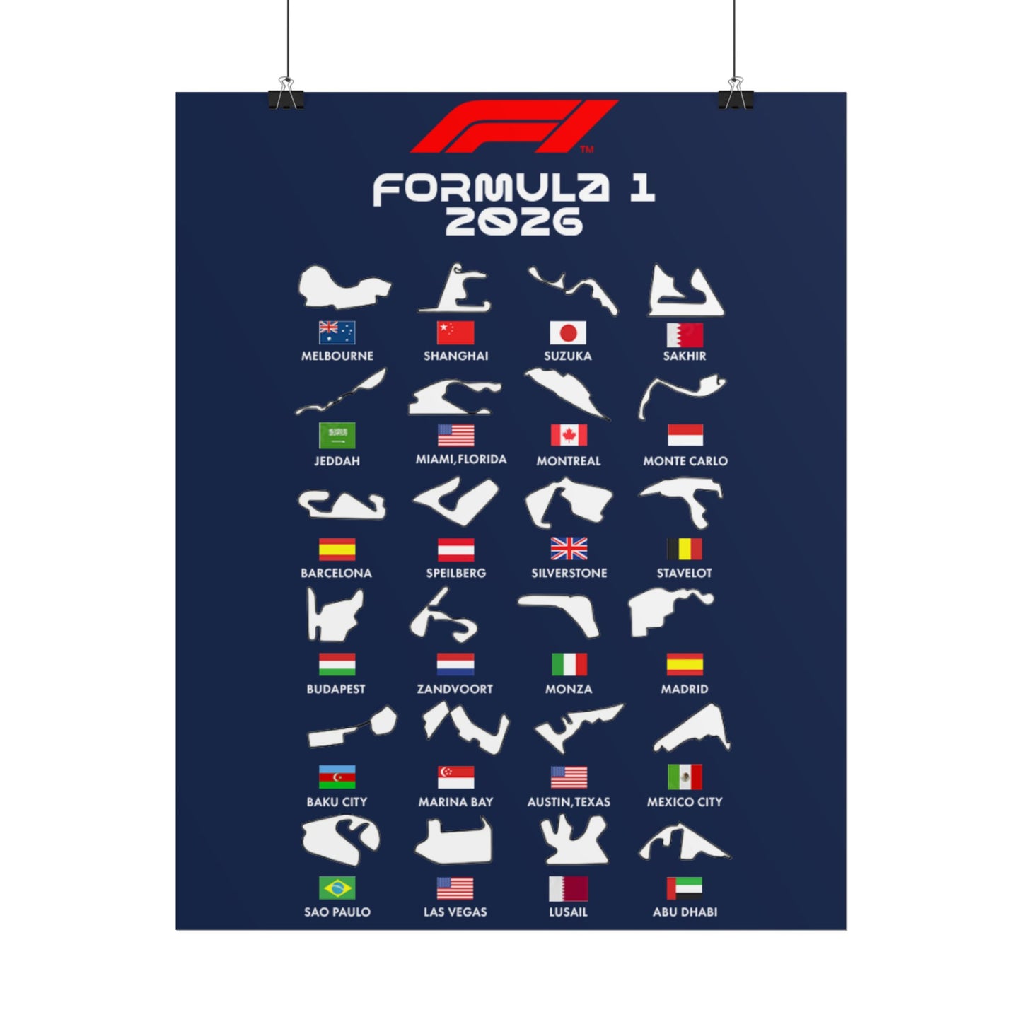 Formula 1 2026 Track Silhouettes Poster, F1 Circuits Map Wall Art, Grand Prix Calendar Print, Motorsport Racing Decor, Rolled Poster
