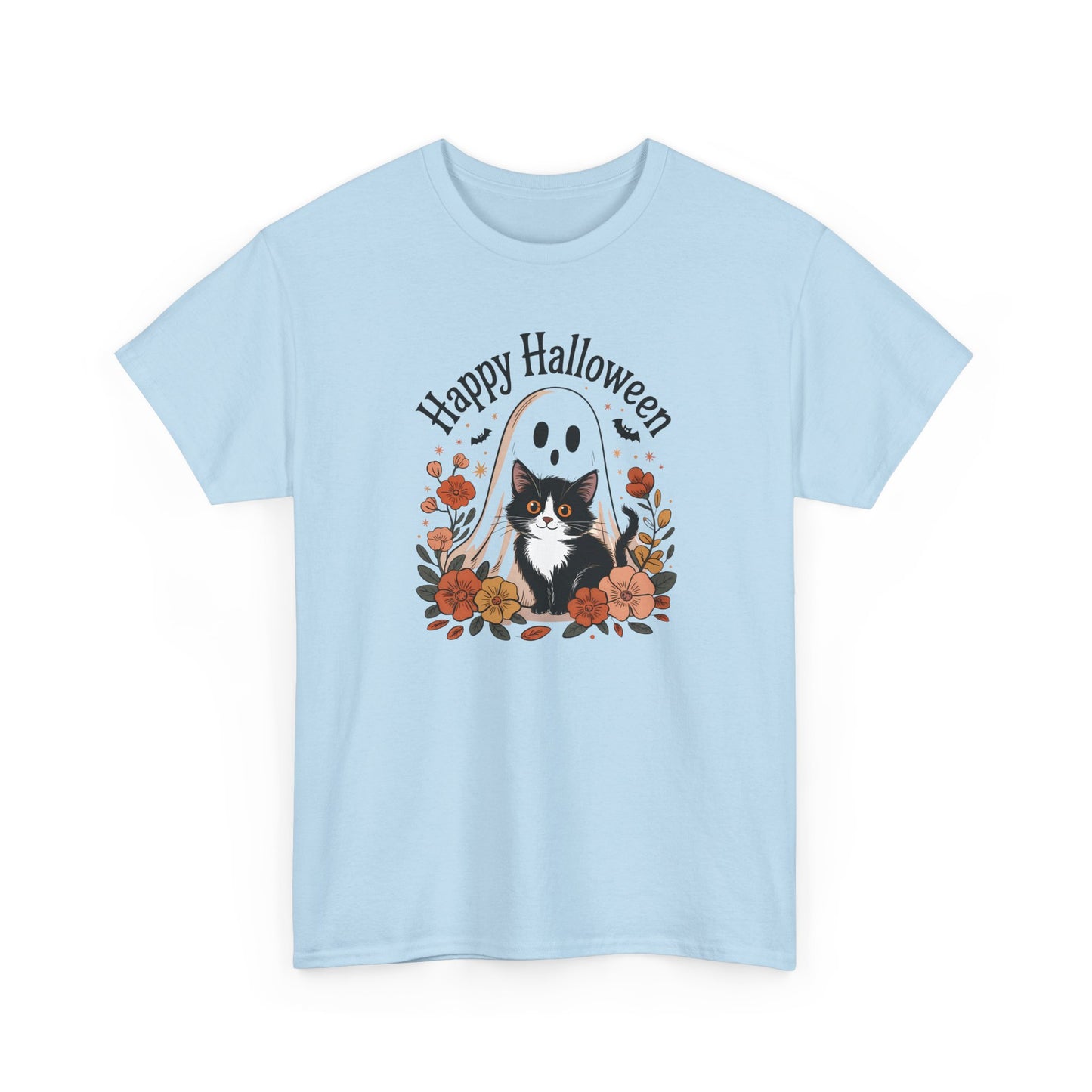 Halloween Cat & Ghost Tee, Heavy Cotton Shirt, Spooky Season Apparel, Autumn Gift, Fall Festival Outfit, Haunted House Wear