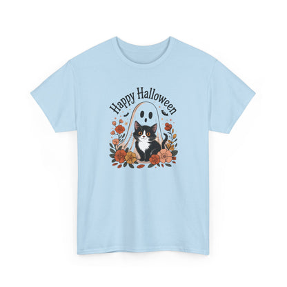 Halloween Cat & Ghost Tee, Heavy Cotton Shirt, Spooky Season Apparel, Autumn Gift, Fall Festival Outfit, Haunted House Wear
