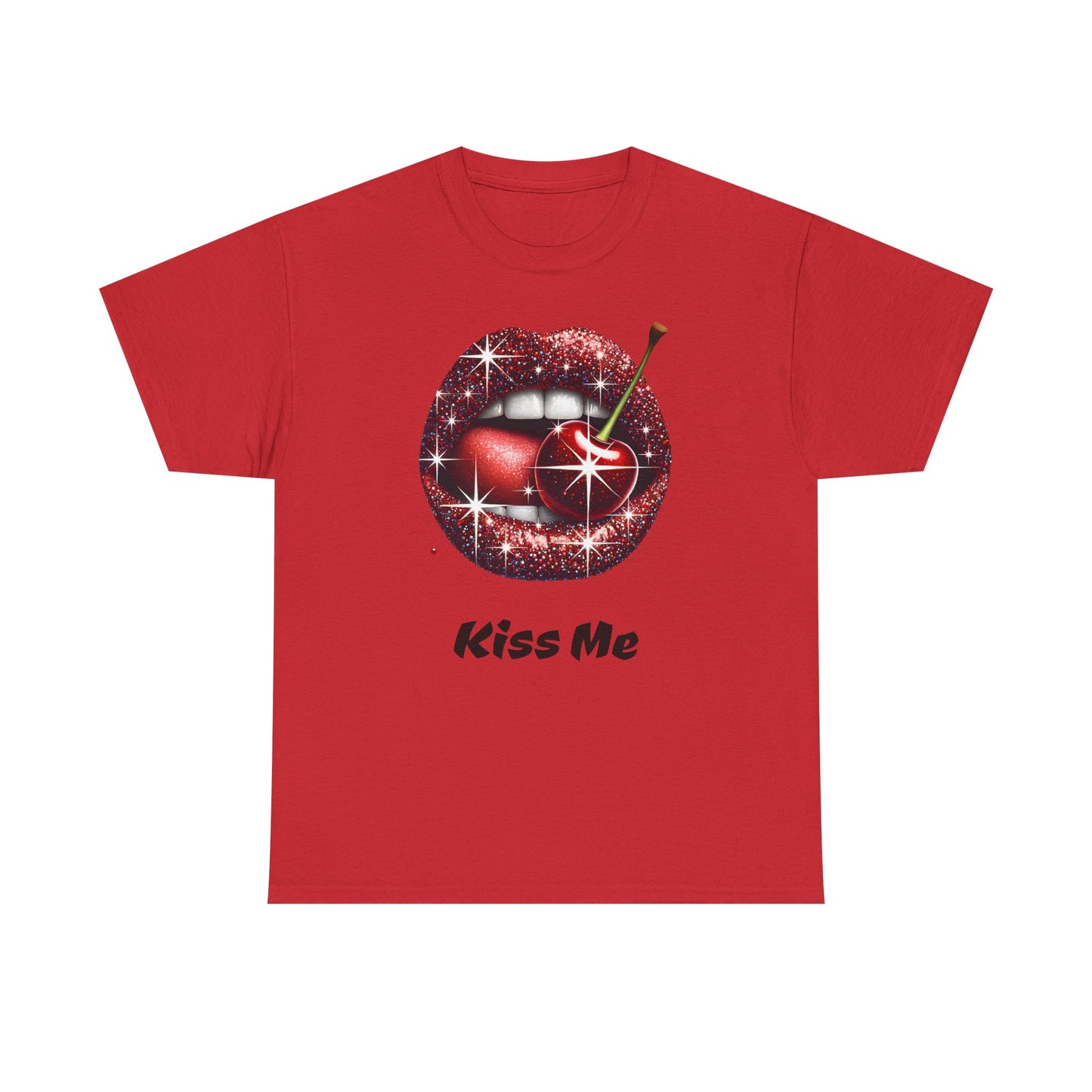 Glitter Lips Cherry Kiss Me Tee, Retro Pinup Graphic Shirt, Flirty Pop Art T-Shirt, Vintage Style Cotton Tee