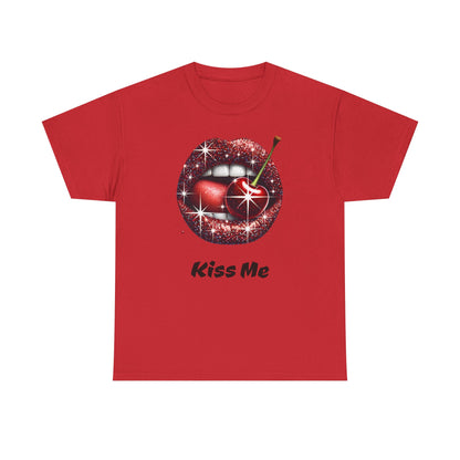 Glitter Lips Cherry Kiss Me Tee, Retro Pinup Graphic Shirt, Flirty Pop Art T-Shirt, Vintage Style Cotton Tee