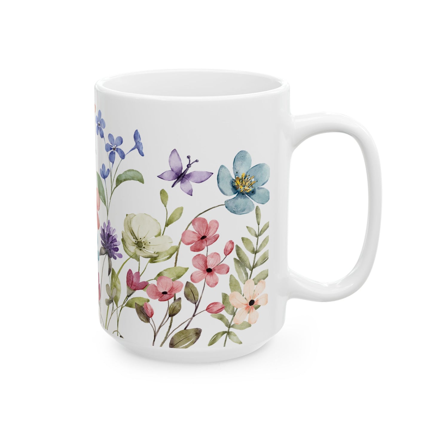 Watercolor Floral Mug Spring Flower Coffee Cup, Botanical Butterfly Mug, Garden Lover Gift, Nature Aesthetic Ceramic Mug Cute Floral Tea Cup