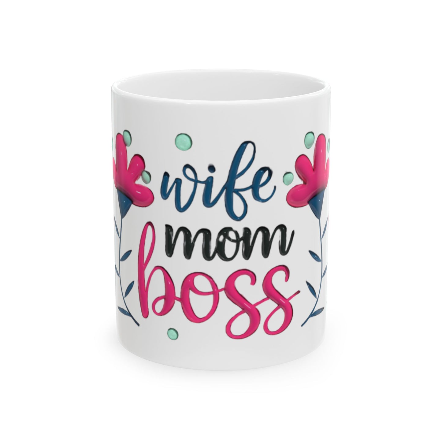 Wife Mom Boss Mug, Floral Heart Coffee Cup, Gift for Mom Wife Boss, Cute Ceramic Mug 11oz 15oz, Mother's Day Birthday Office Gift