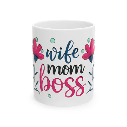 Wife Mom Boss Mug, Floral Heart Coffee Cup, Gift for Mom Wife Boss, Cute Ceramic Mug 11oz 15oz, Mother's Day Birthday Office Gift