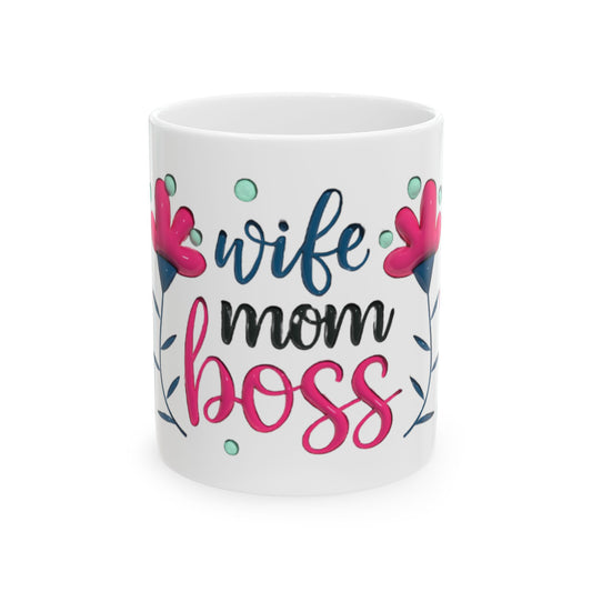 Wife Mom Boss Mug, Floral Heart Coffee Cup, Gift for Mom Wife Boss, Cute Ceramic Mug 11oz 15oz, Mother's Day Birthday Office Gift
