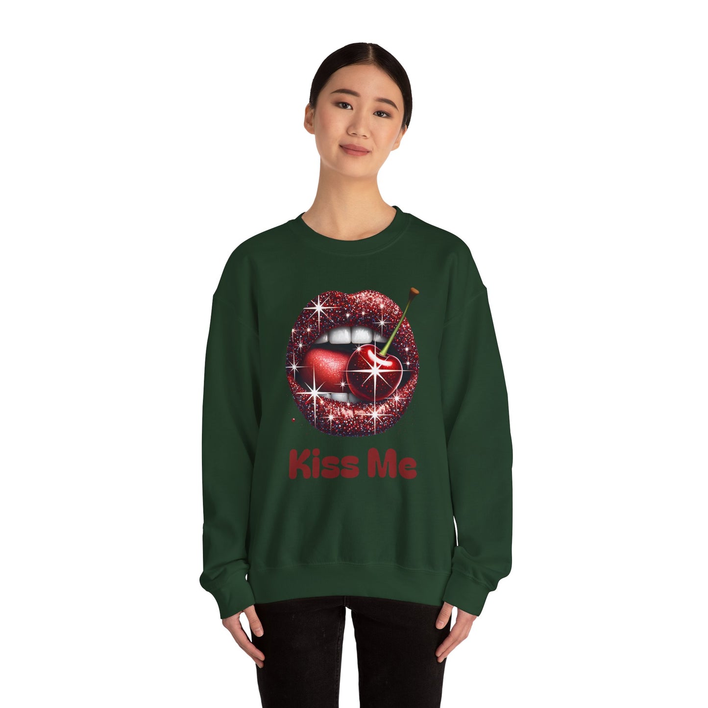 Cherry Kiss Me Sweatshirt, Glitter Lips Cherry Graphic Crewneck, Retro Pop Art Sweatshirt, Cute Flirty Pullover, Unisex Cozy Top