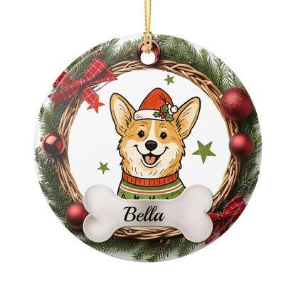 Corgi in Santa Hat Ceramic Ornament, Dog Bone Name Plate, Pet Decor, Cute Christmas Ornament for Dog Lovers, Personalized Holiday Decor