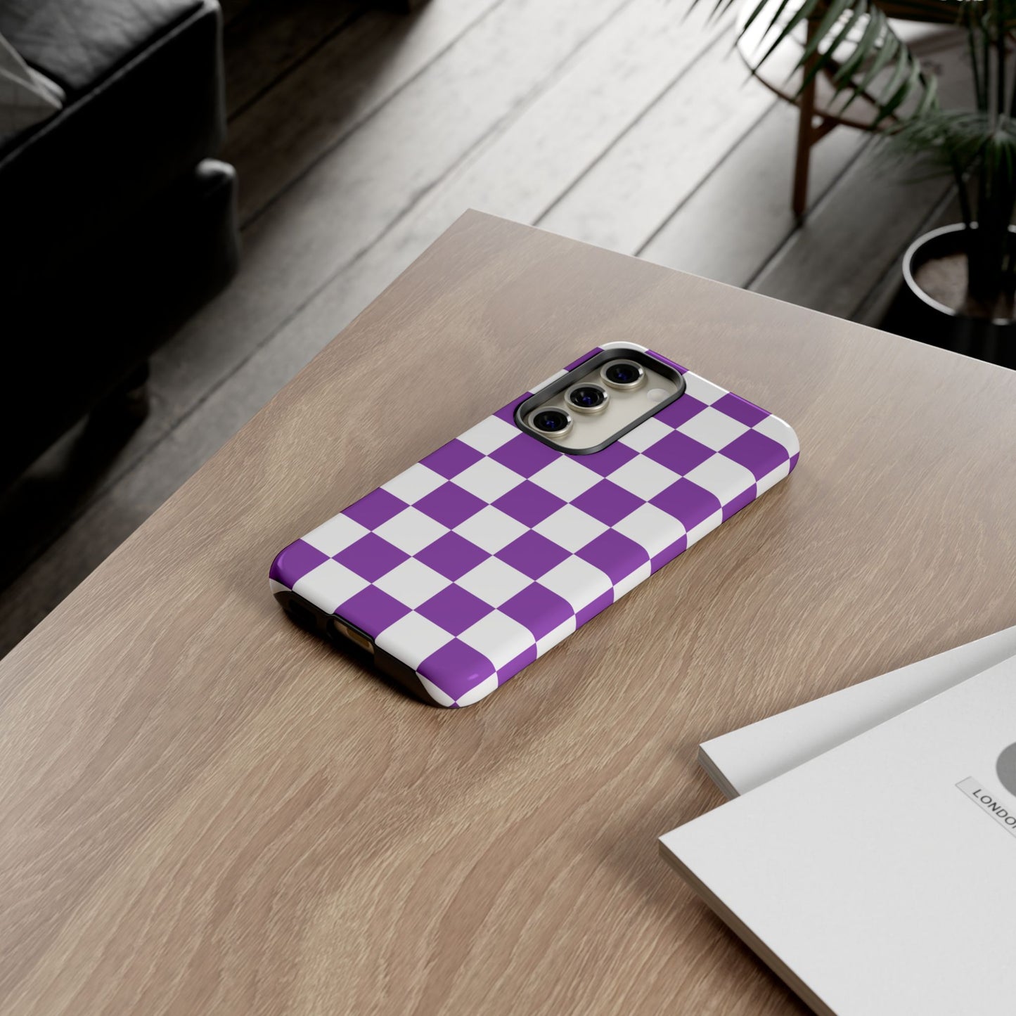 Purple Checkered Phone Case, Samsung Galaxy S25, S25 Plus, S24, S24 Plus, S24 Ultra, S23, S22, S22 Plus, S21 Ultra, S21 FE, S20+