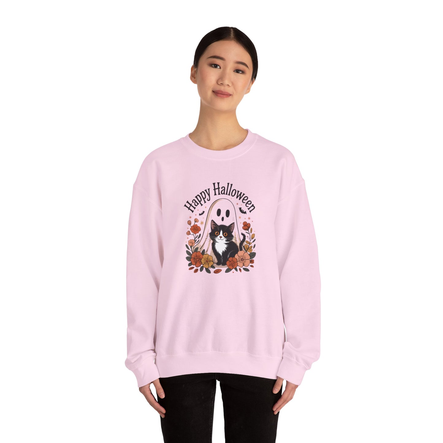 Happy Halloween Cat Crewneck Sweatshirt, Cozy Fall Sweatshirt, Halloween Gift, Fall Fashion, Gift for Her, Spooky Season Apparel