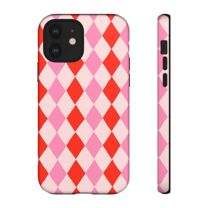 Tough Cases with Red Pink Diamonds, Retro Checkerboard iPhone Case And Samsung Case, Slim Fit Phone Case, Stylish Gift