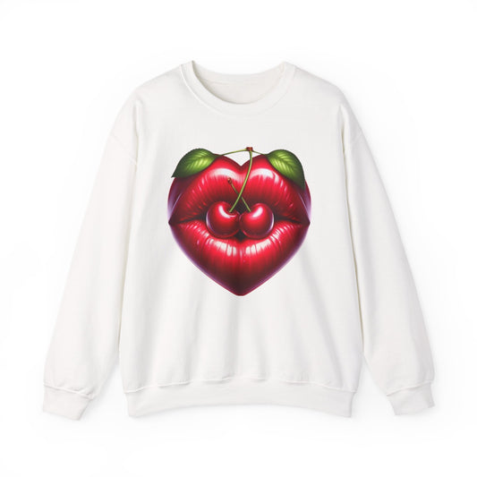 Heart Cherry Lips Sweatshirt, Cherry Face Graphic Crewneck, Cute Aesthetic Sweatshirt, Retro Pop Art Pullover, Unisex Cozy Top