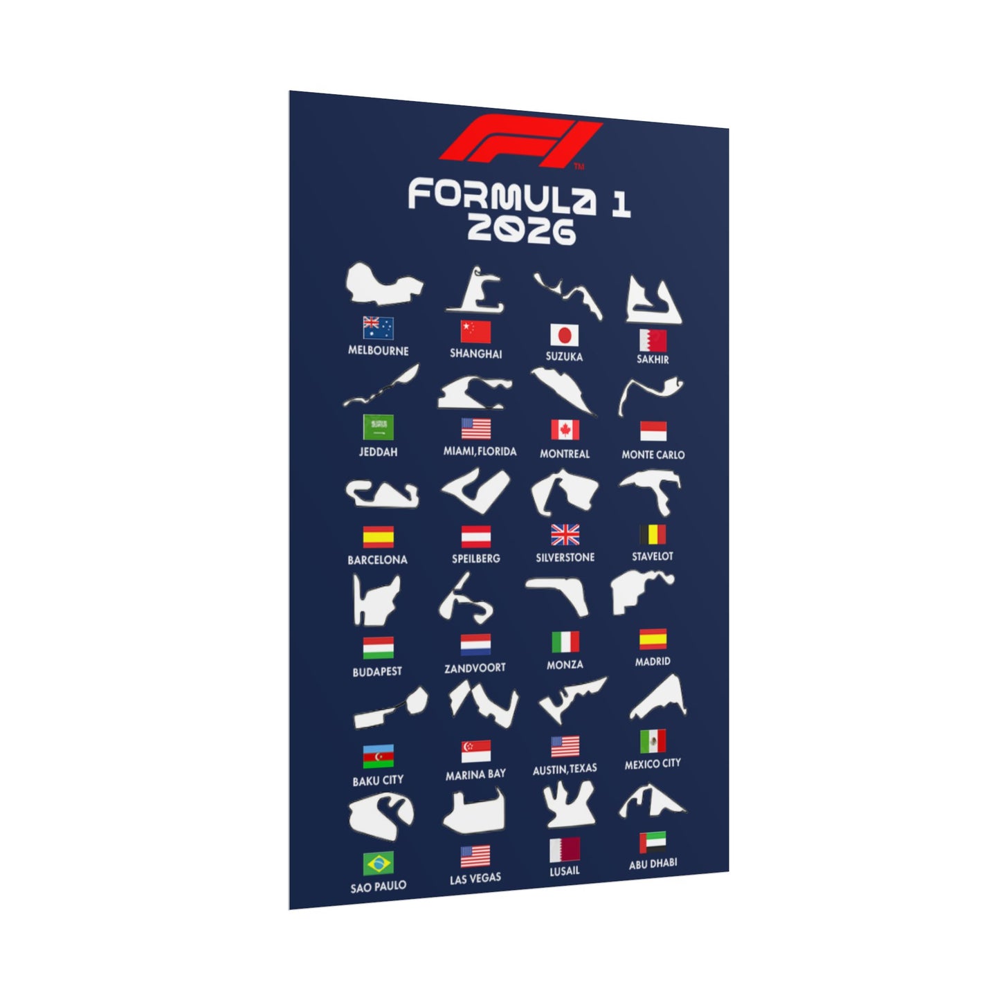 Formula 1 2026 Track Silhouettes Poster, F1 Circuits Map Wall Art, Grand Prix Calendar Print, Motorsport Racing Decor, Rolled Poster