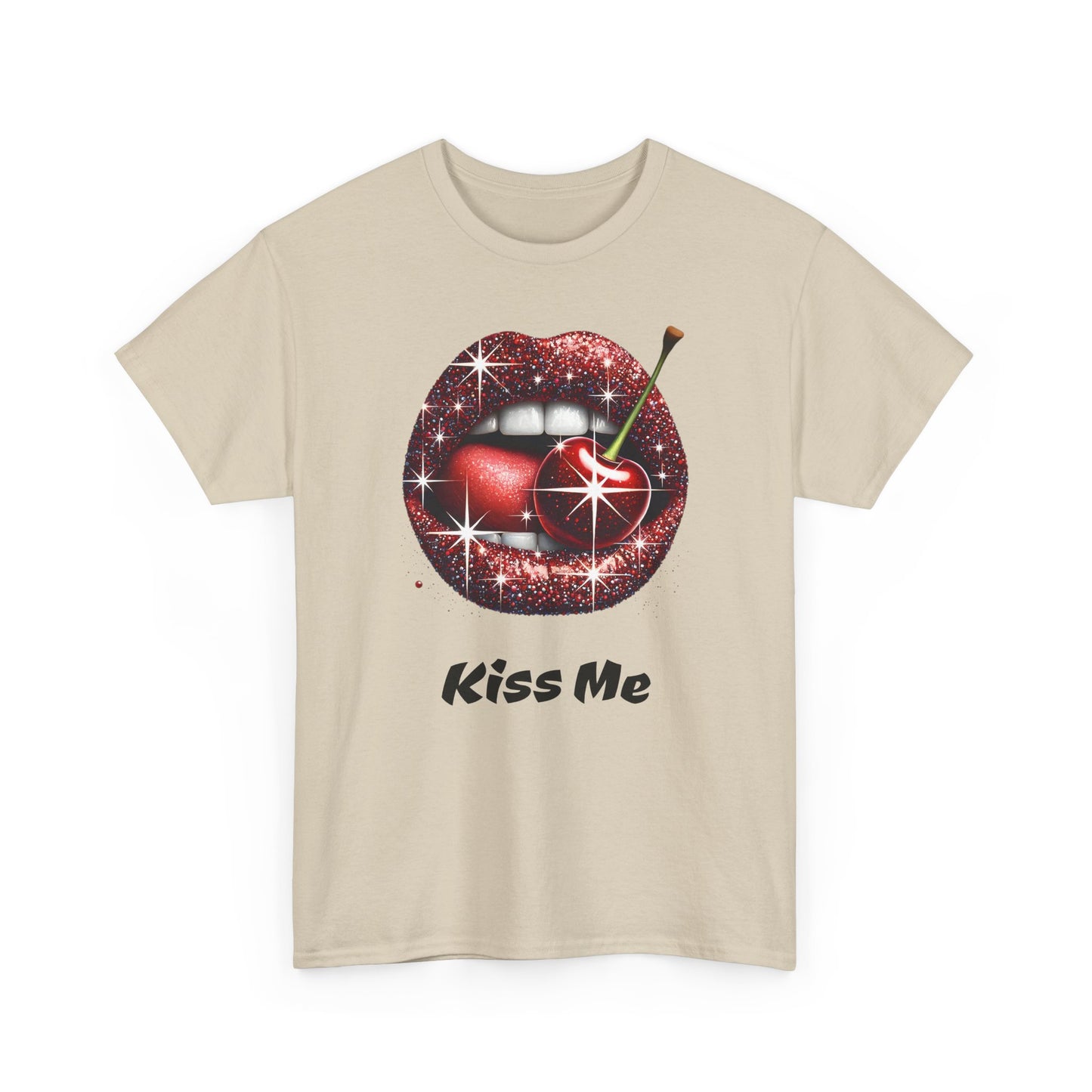 Glitter Lips Cherry Kiss Me Tee, Retro Pinup Graphic Shirt, Flirty Pop Art T-Shirt, Vintage Style Cotton Tee