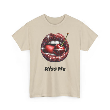 Glitter Lips Cherry Kiss Me Tee, Retro Pinup Graphic Shirt, Flirty Pop Art T-Shirt, Vintage Style Cotton Tee