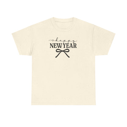 Happy New Year Bow T-Shirt, Minimalist New Year Typography Tee, Holiday Graphic Shirt, New Year's Eve Outfit, Casual Festive Top