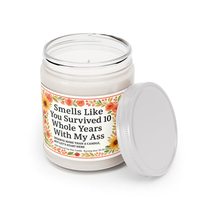 Funny Scented Candle - Smells Like You Survived 10 Whole Years, Gift for Friends, Birthday Candle, Fun Décor, Self-Care Treat