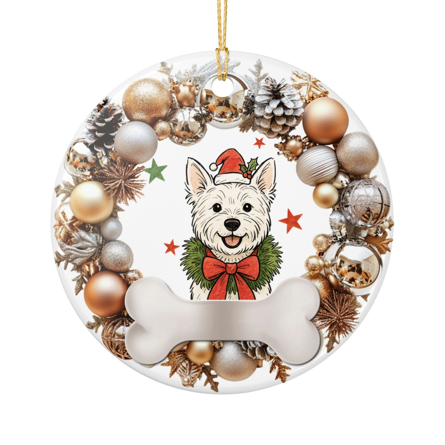 Westie Santa Hat Ornament, Christmas Dog Bone Ceramic Decor, Cute Westie Christmas Tree Ornament, Pet Lover Holiday Gift