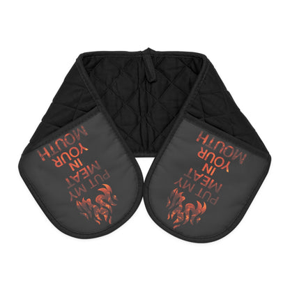 Flaming Text Oven Mitts,  ''Heat Your Soul'' Double Pot Holder, Black Quilted Heat Resistant Kitchen Accessory Gift