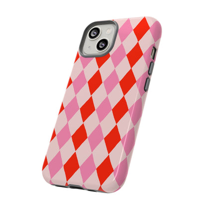 Tough Cases with Red Pink Diamonds, Retro Checkerboard iPhone Case And Samsung Case, Slim Fit Phone Case, Stylish Gift